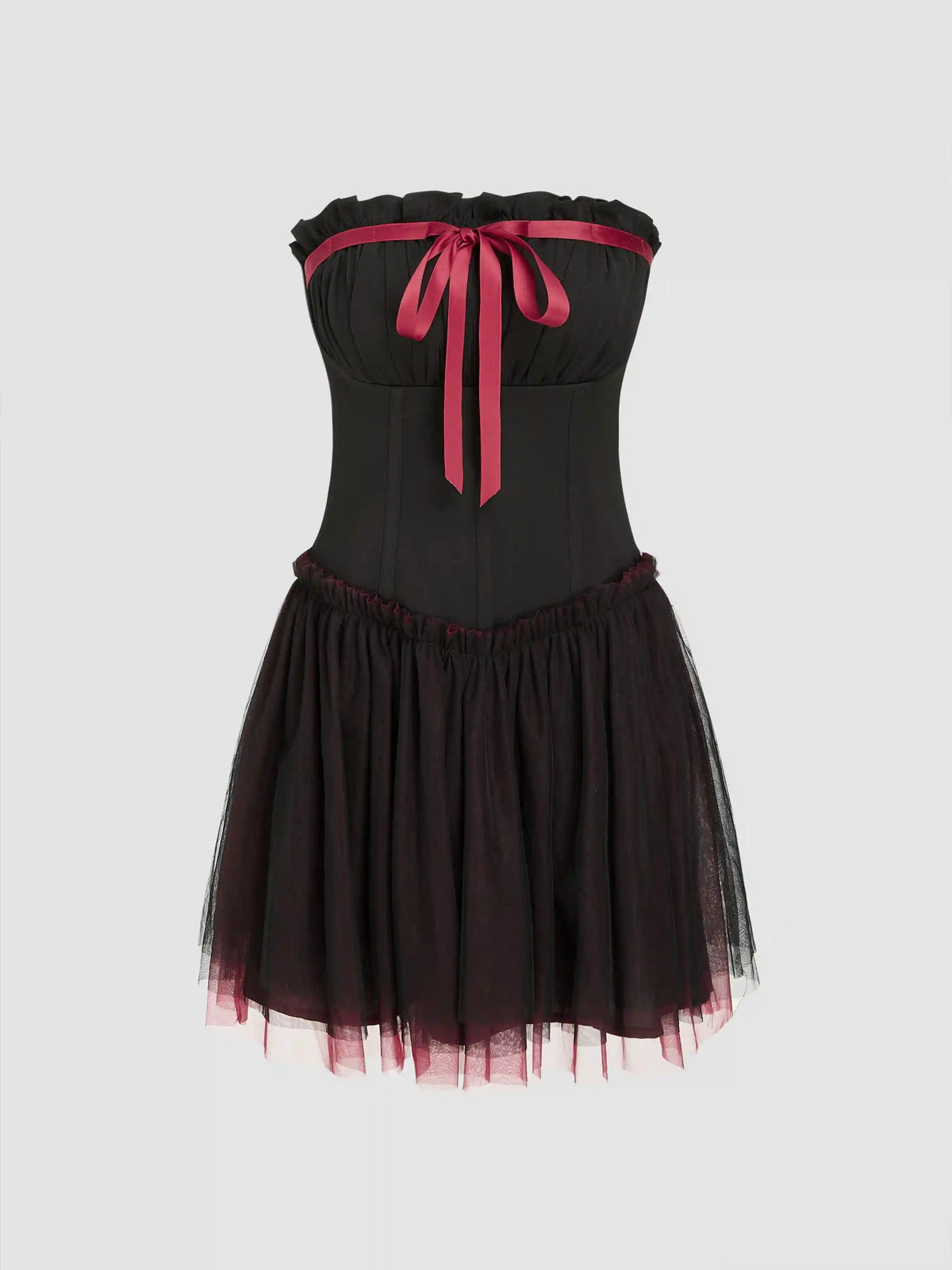 Contrasting Binding Bowknot Tulle Tube Mini Dress