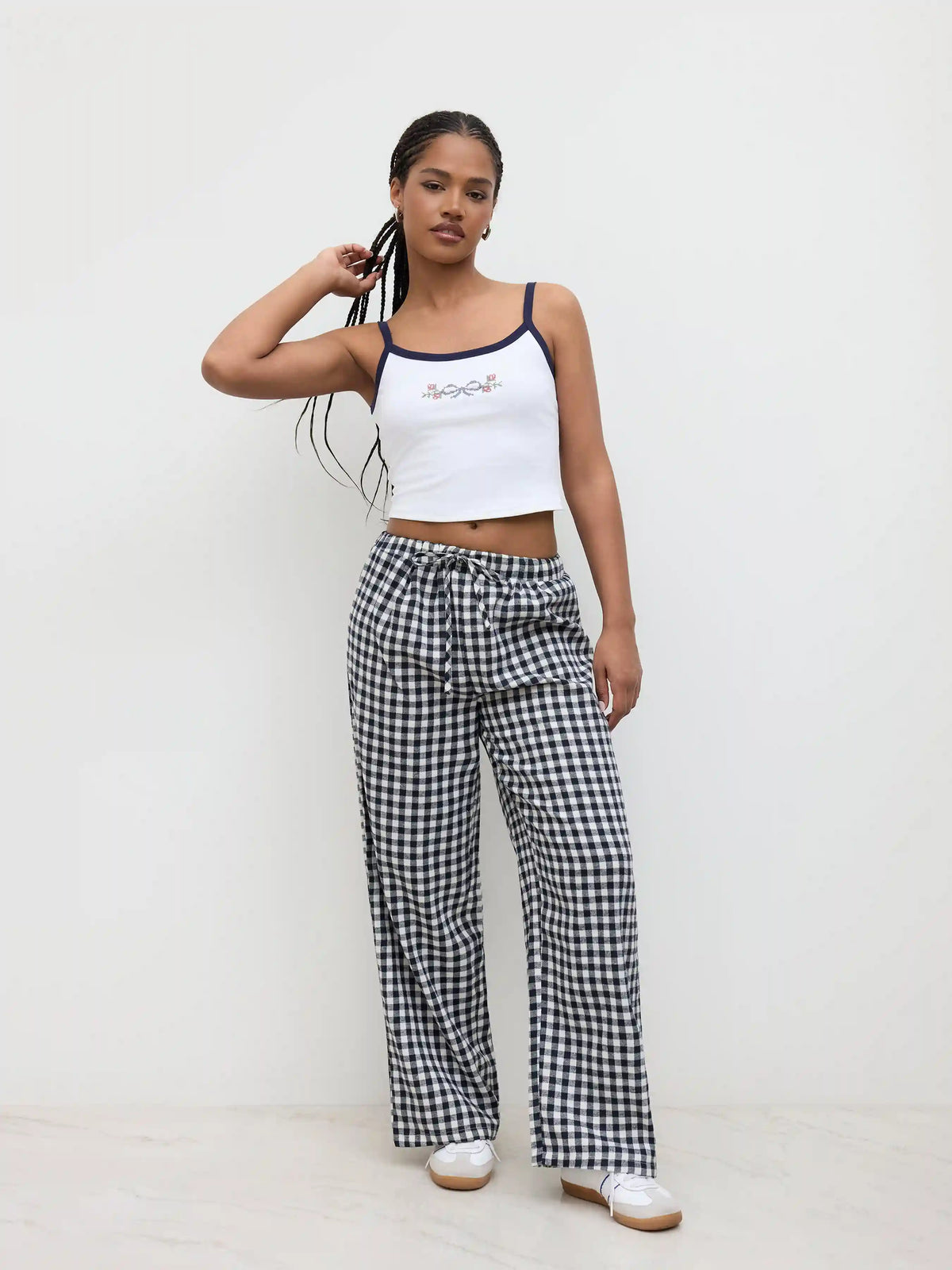 Cotton-blend U-neckline Bowknot Cami Top & High Rise Gingham Wide Leg Trousers Set