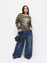Camo Graphic Boat Neck Ruched Tee Curve & Plus