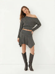 Cotton-blend Asymmetrical Neck Stripe Top & Mid Rise Hanky Hem Midi Skirt Set