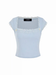 Cotton-blend Pointelle Square Neck Short Sleeve Lace Trim Bowknot Tee