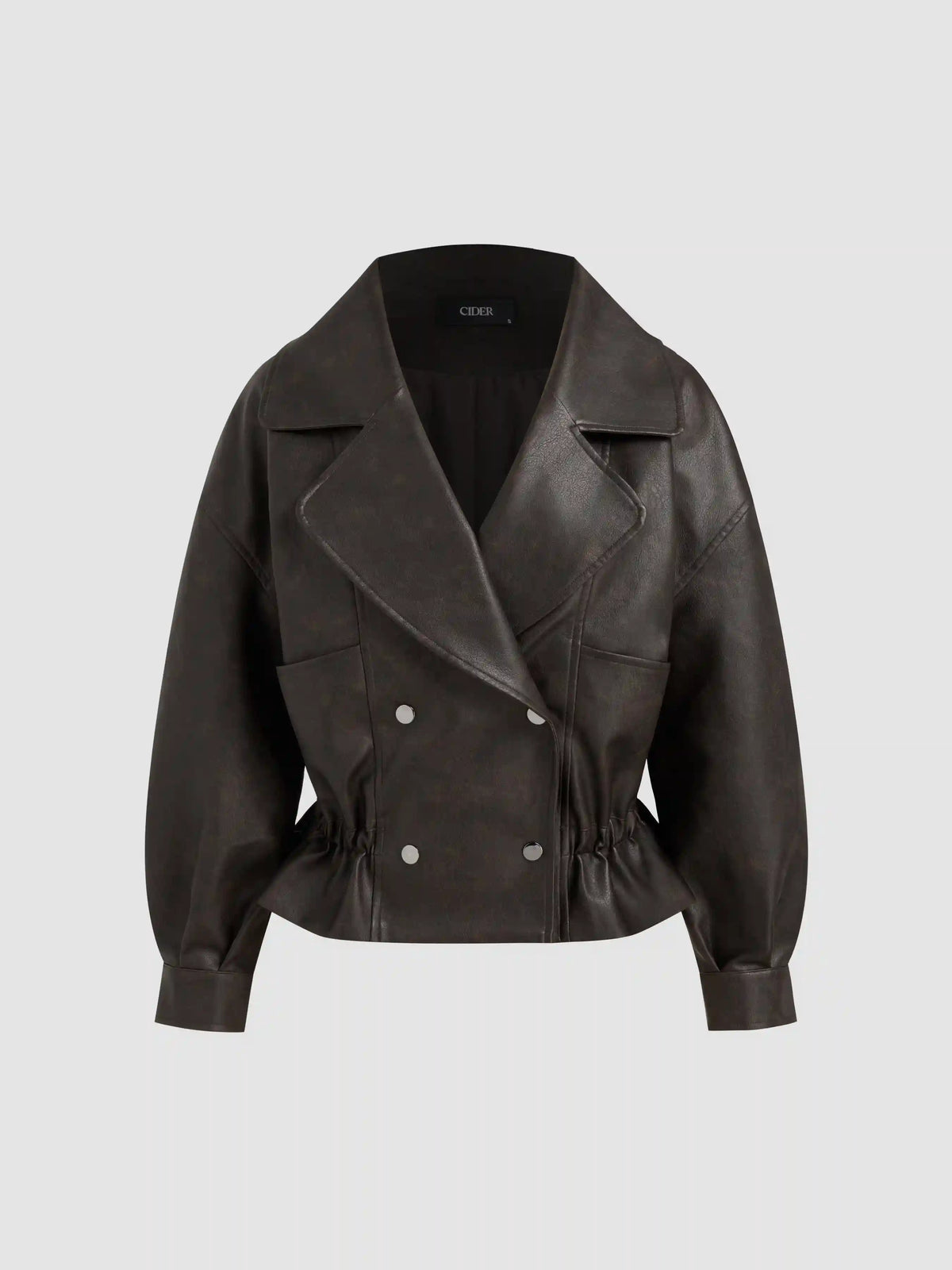 Oversized Faux Leather Ruffle Hem Double Breasted Jacket