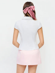 Cotton-blend Short Sleeve Pearl Detail Bowknot Blouse