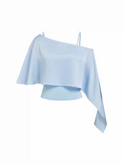 Satin Asymmetrical Neck Short Sleeve Cape Blouse