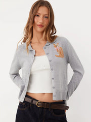 Knit Cat Graphic Round Neckline Cardigan
