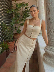 Linen Square Neck Button Crop Top With High Rise Button Split Maxi Skirt