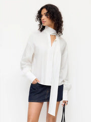 V-Neck Long Sleeve Blouse With Scarf