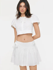 Cotton-blend Mid Rise Embroidery Floral Bowknot Mini Skirt