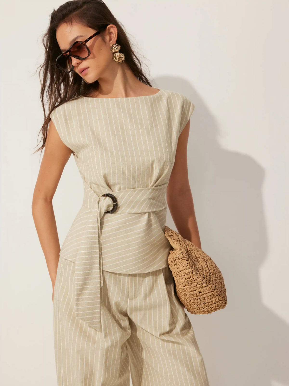Linen-blend Boat Neck Striped Tie-waist Cami Blouse