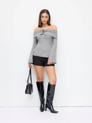 Knit Wool-blend Off-shoulder Bell Sleeve Metal Button Top