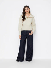 Knit Wool-blend Collar Long Sleeve Metal Button Cinched Waist Top
