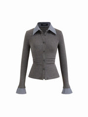 Cotton Plaid Polo Collar Ruched Two Tone Top