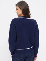 Knit V-neck Long Sleeve Striped Trim Oversized Top