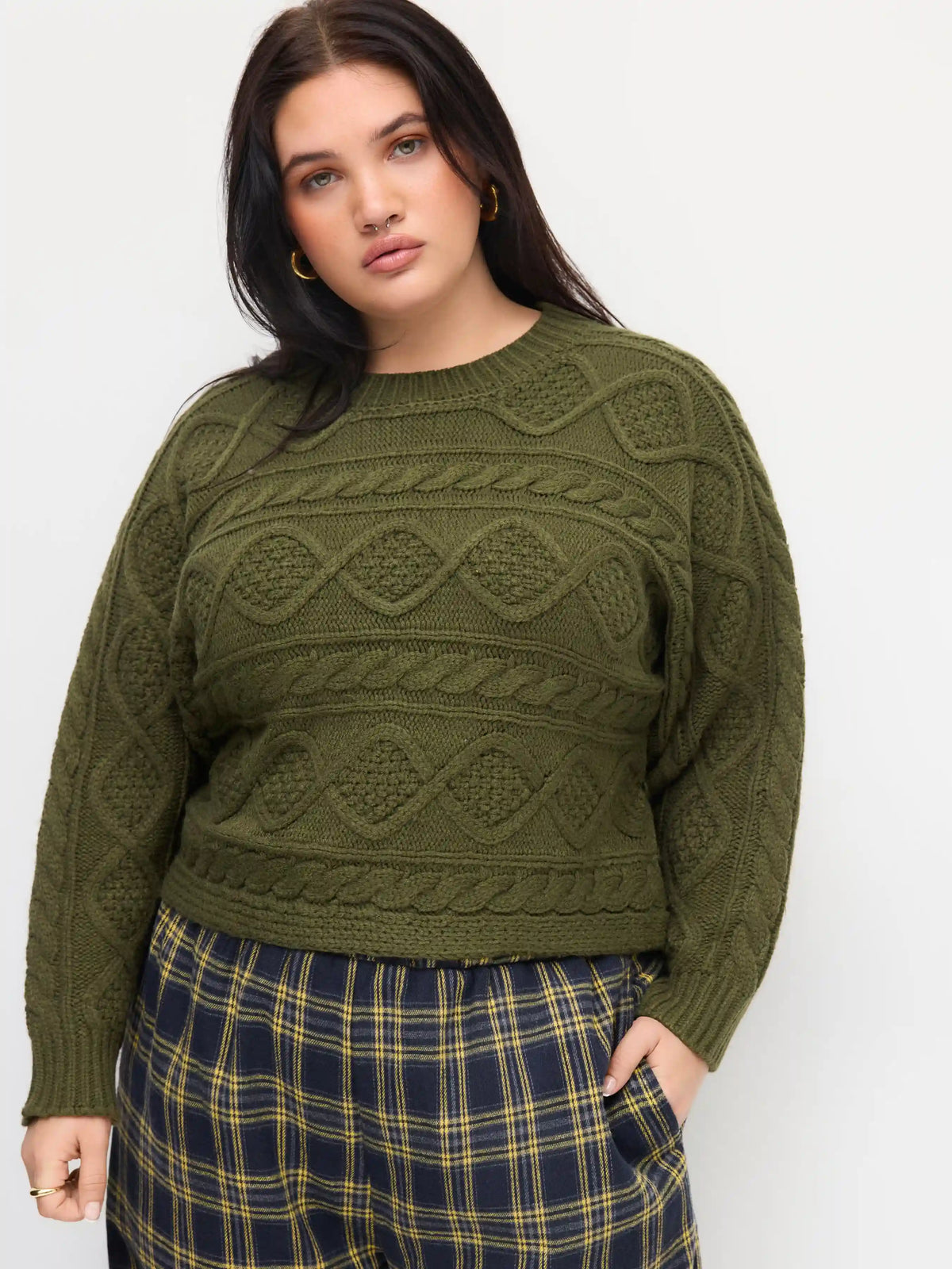 Cable Knit Round Neckline Knotted Tie Back Top Curve & Plus