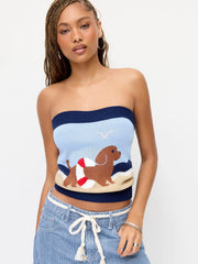 Knit Cotton Dog Graphic Strapless Embroidery Bandeau Top