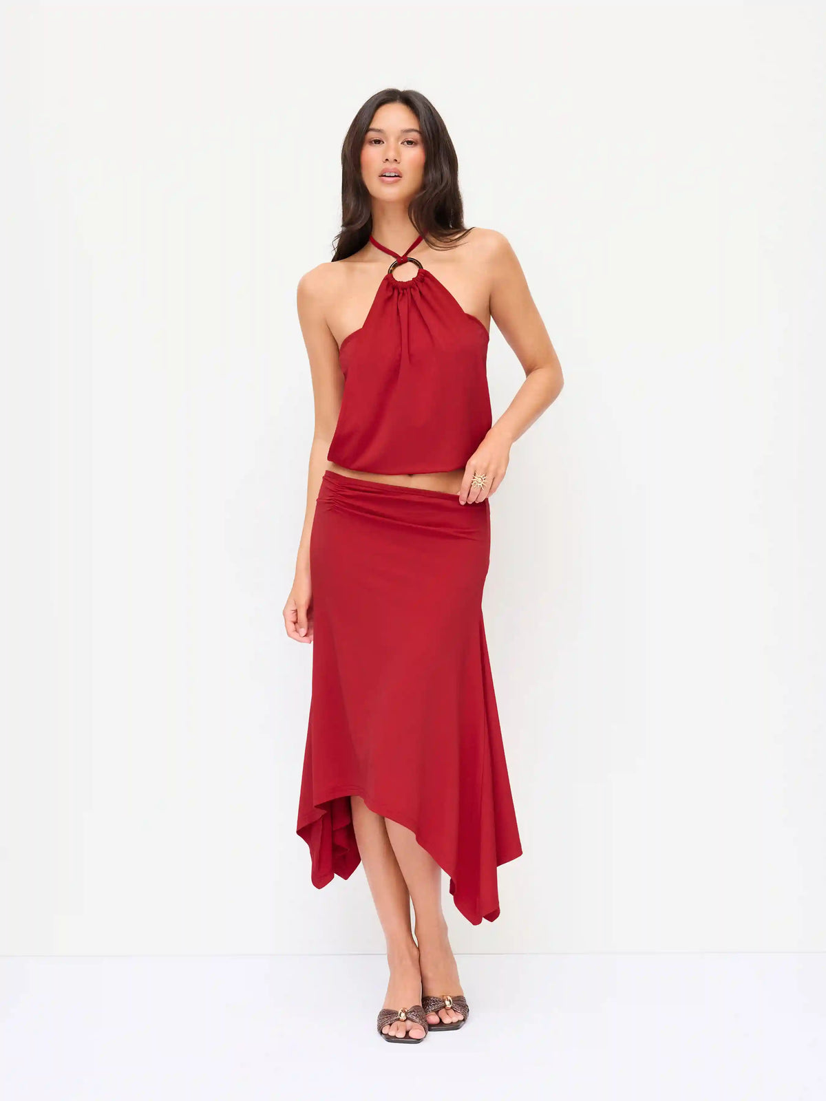 Halter Neck Top & Mid Rise Ruched Asymmetrical Midi Skirt Set