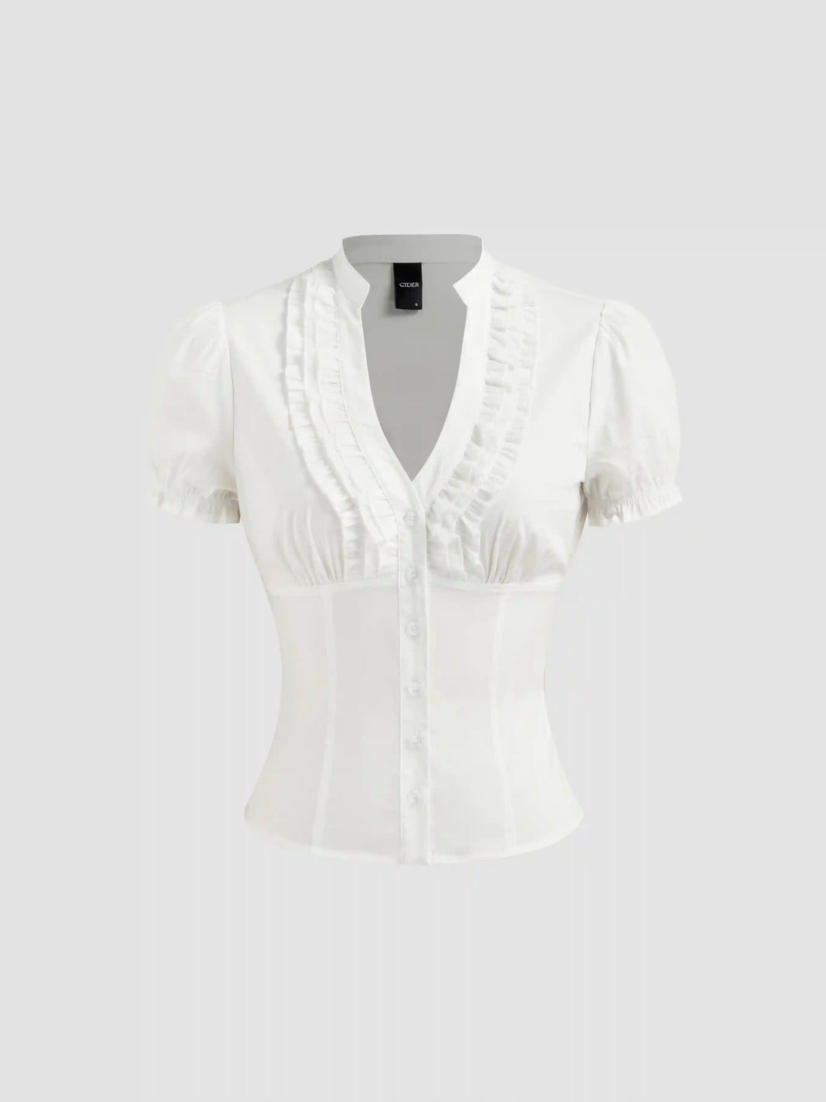 Cotton-blend V-neck Lettuce Trim Short Sleeve Blouse