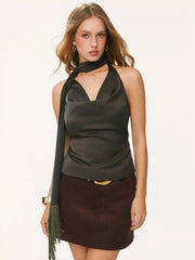 Satin Halter Neckline Draped Ruched Fringe Top