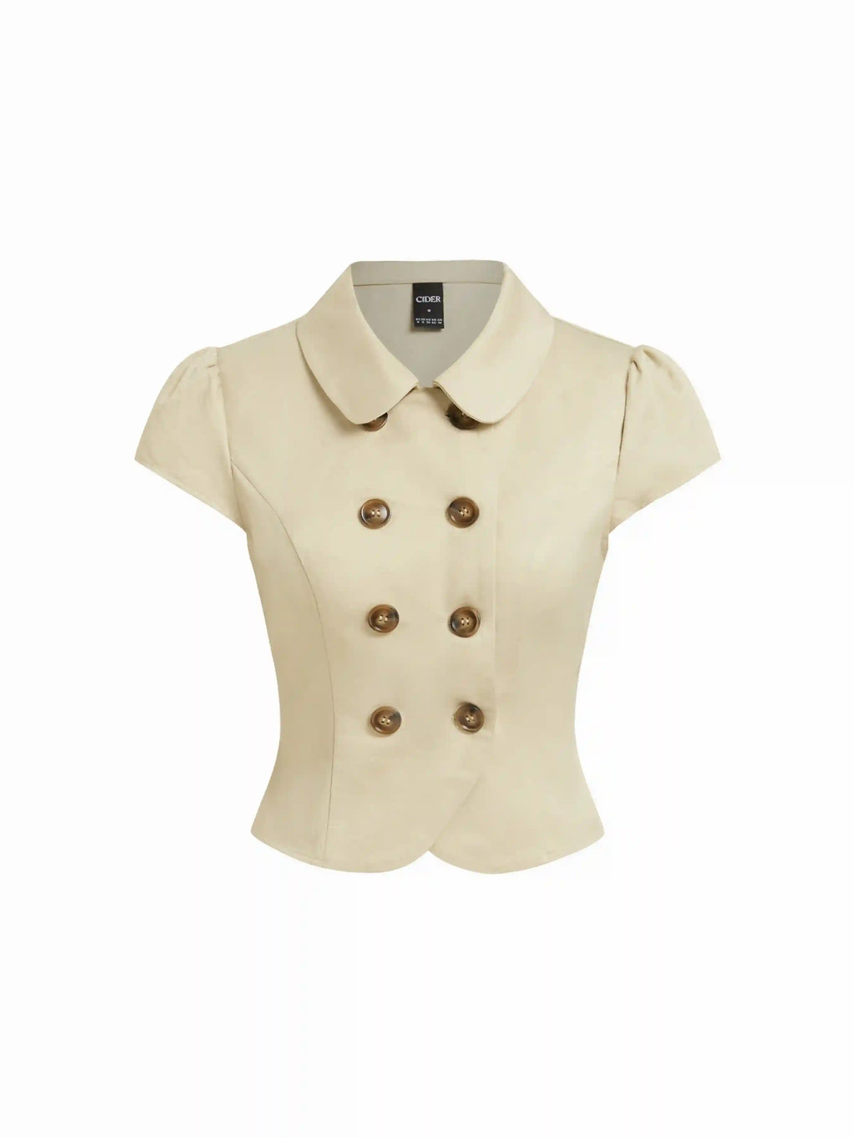 Cotton-blend Peter Pan Collar Puff Sleeve Metal Detail Double Breasted Blouse