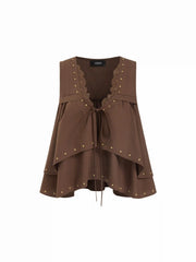 Cotton-blend Ruffled Studded Lace Trim Tie Front Tank Top
