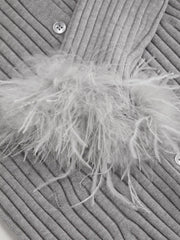 Knit V-neck Long Sleeve Top With Faux Feather Cuffs