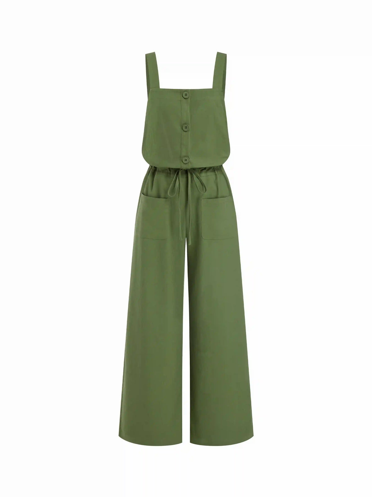 Linen-blend Square Neck Mid Rise Drawstring Oversized Wide Leg Jumpsuit