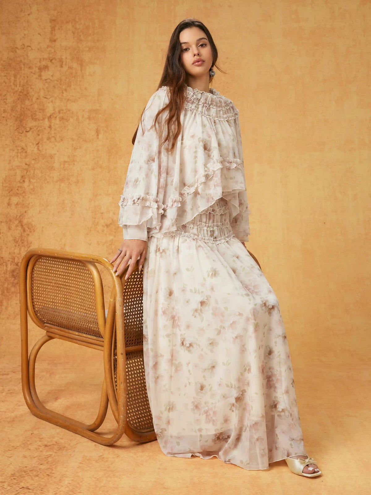 Chiffon Floral Stand Collar Oversized Cropped Top & Mid Rise Ruffled Maxi Skirt Set