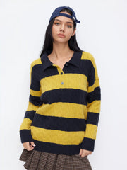 Knit Collar Striped Colorblock Button Long Sleeve Oversized Top