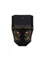 Velvet Square Neck Floral Embroidery Lettuce Trim Jacket Vest