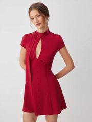 High Stretch Solid Stand Collar Cut Out A-line Mini Dress With Scarf