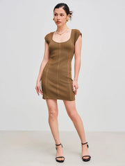 Knitted V-neck Solid Short Sleeve Mini Dress