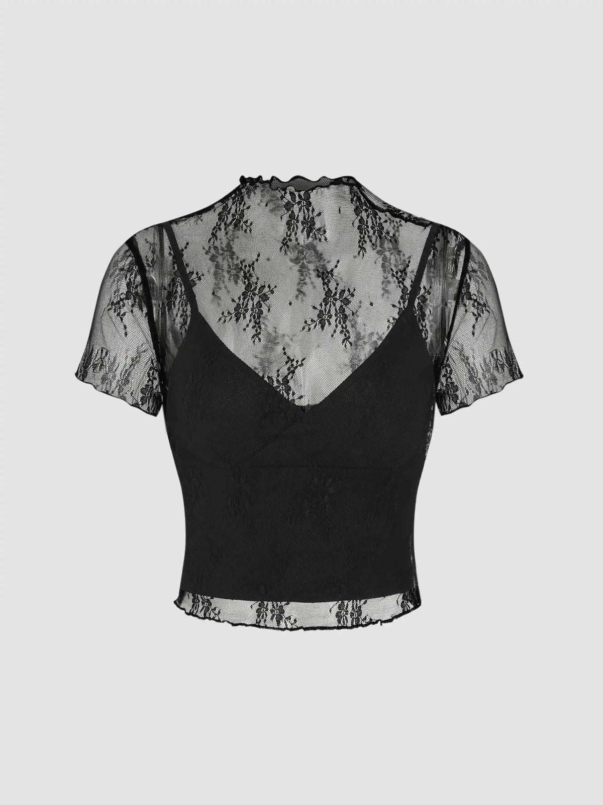 High Neck Lace Floral Top & Solid Crop Cami Top Set