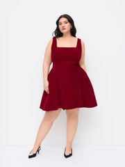 Velvet Square Neck Bowknot Tie Back Ruffle Mini Dress Curve & Plus