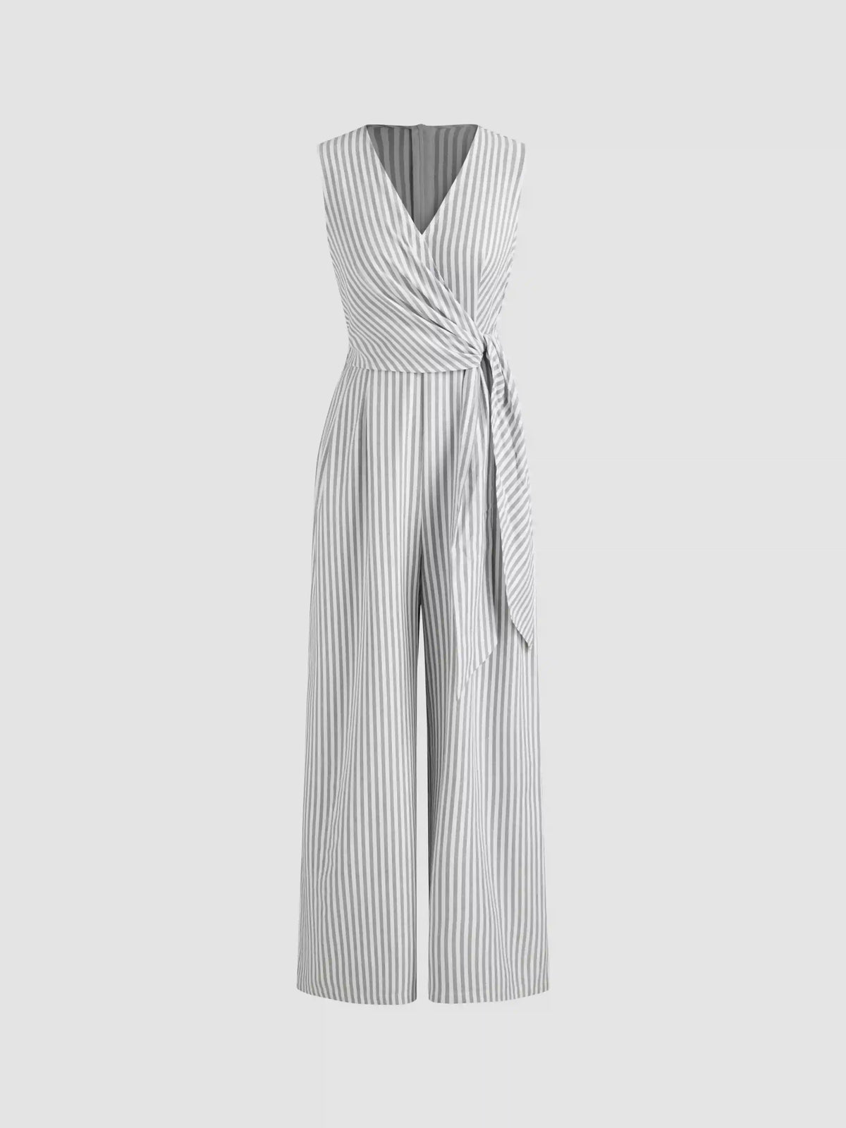 Cotton-blend V-neck Striped Knotted Wide Leg Jumpsuit