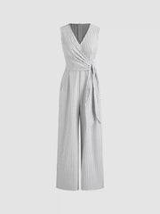 Cotton-blend V-neck Striped Knotted Wide Leg Jumpsuit