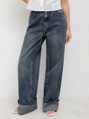 Middle Waist Solid Button Wide Leg Jeans