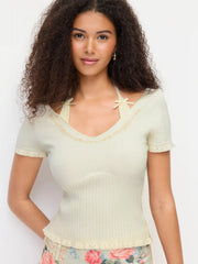 Knit Floral U-neckline Short Sleeve Embroidery Bowknot Top