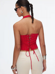 Striped Halter Neckline Lace Trim Corset Cami Blouse