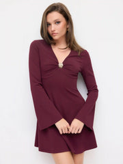 V-neck Bell Sleeve Metal Detail Mini Dress