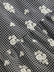 Cotton-blend Mid Rise Check Floral Embroidery Elastic Waist Tiered Maxi Skirt