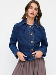 Denim Collar Asymmetrical Button Cinched Waist Jacket
