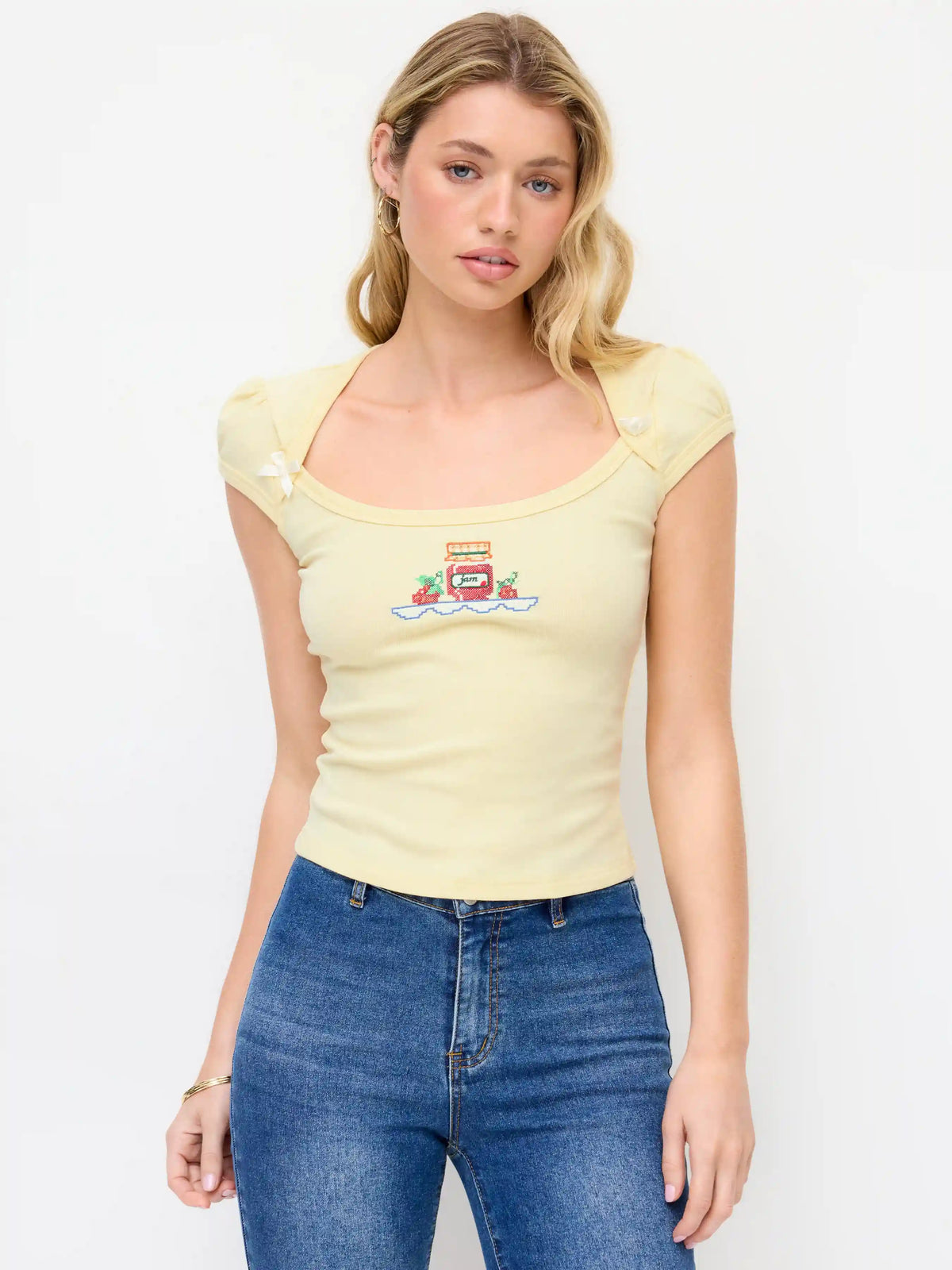 Cotton-blend Fruit Embroidery Bowknot Short Sleeve Tee