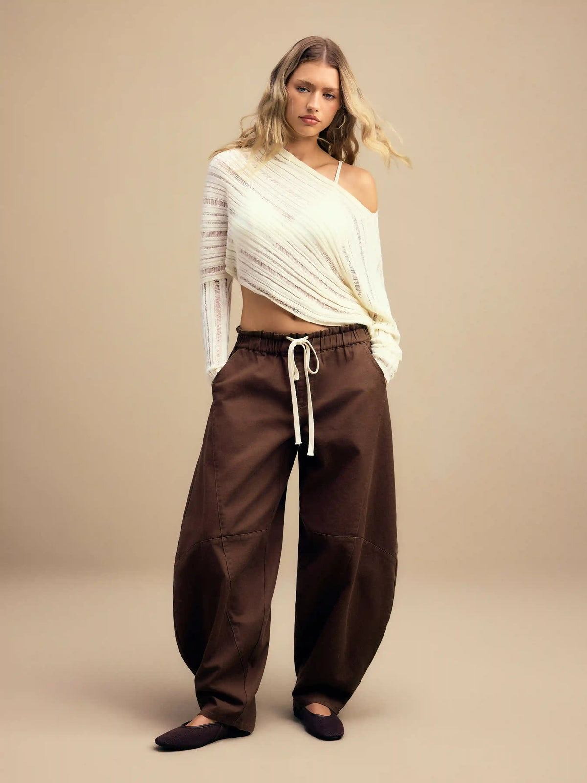 Denim High Rise Drawstring Barrel Leg Trousers
