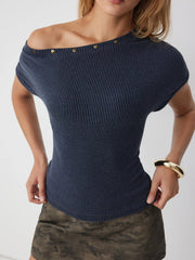 Textured Asymmetrical Neck Short Sleeve Metal Detail Top