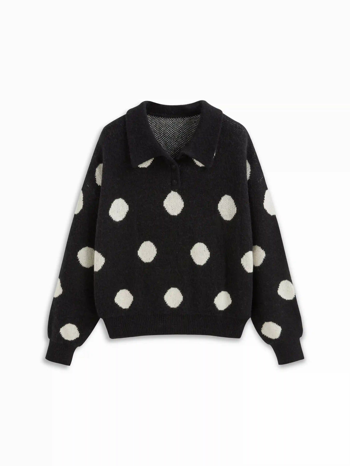 Knit Polka Dot Polo Neck Long Sleeve Oversized Top