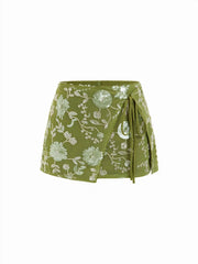 Sequin Floral Wrap Knotted Low Rise A-line Mini Skirt