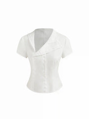 Cotton-blend Asymmetrical Neck Button Curved Hem Short Sleeve Blouse
