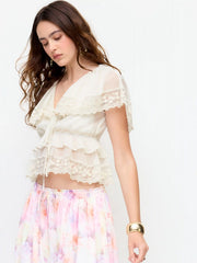Chiffon V-neck Ruffled Lace Trim Tie Front Blouse