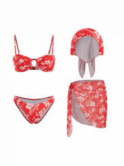 Square Neck Floral O-Ring Bandeau Bikini Set With Sarong & Headscarf