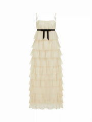 Textured Ruffled Bowknot Layered Flared Maxi Dress